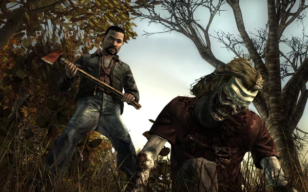 An intense moment from The Walking Dead: Season 1, featuring a character wielding an axe against a crawling zombie, set against a haunting, natural backdrop. HD PC wallpaper.