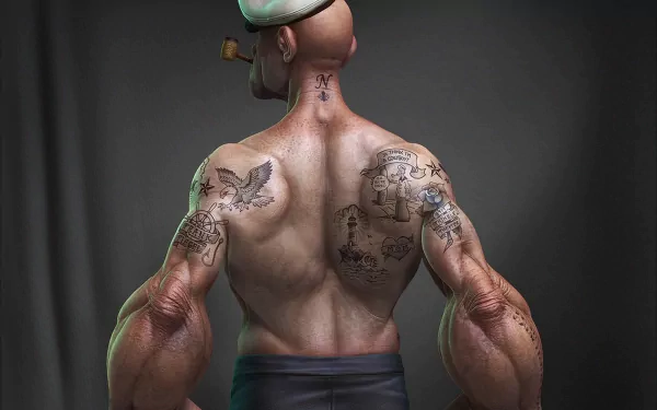 HD PC desktop wallpaper of Popeye from the TV show, showcasing his muscular back with detailed tattoos and signature sailor hat.