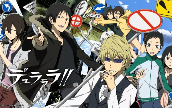 Dynamic HD wallpaper featuring characters from Durarara!!, including Kasuka Heiwajima, Mairu Orihara, Kururi Orihara, and others against a vibrant urban backdrop.