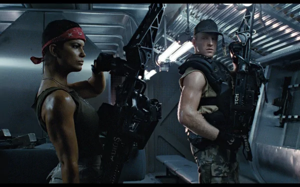 HD PC desktop wallpaper featuring intense characters armed and ready inside a sci-fi spaceship, inspired by the movie Alien.