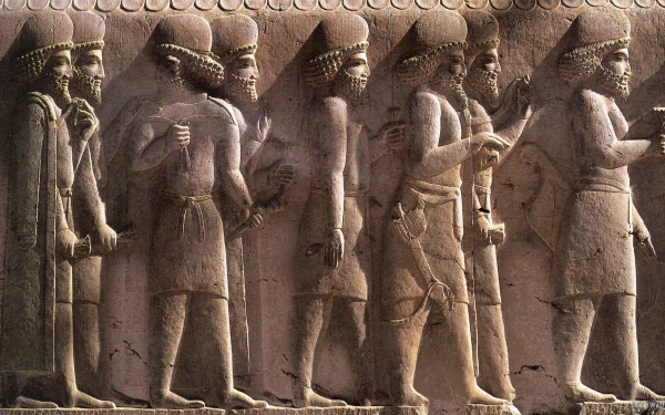 Artistic Persian stone relief depicting a procession of figures in traditional attire, rendered in high detail for an HD PC desktop wallpaper and background.