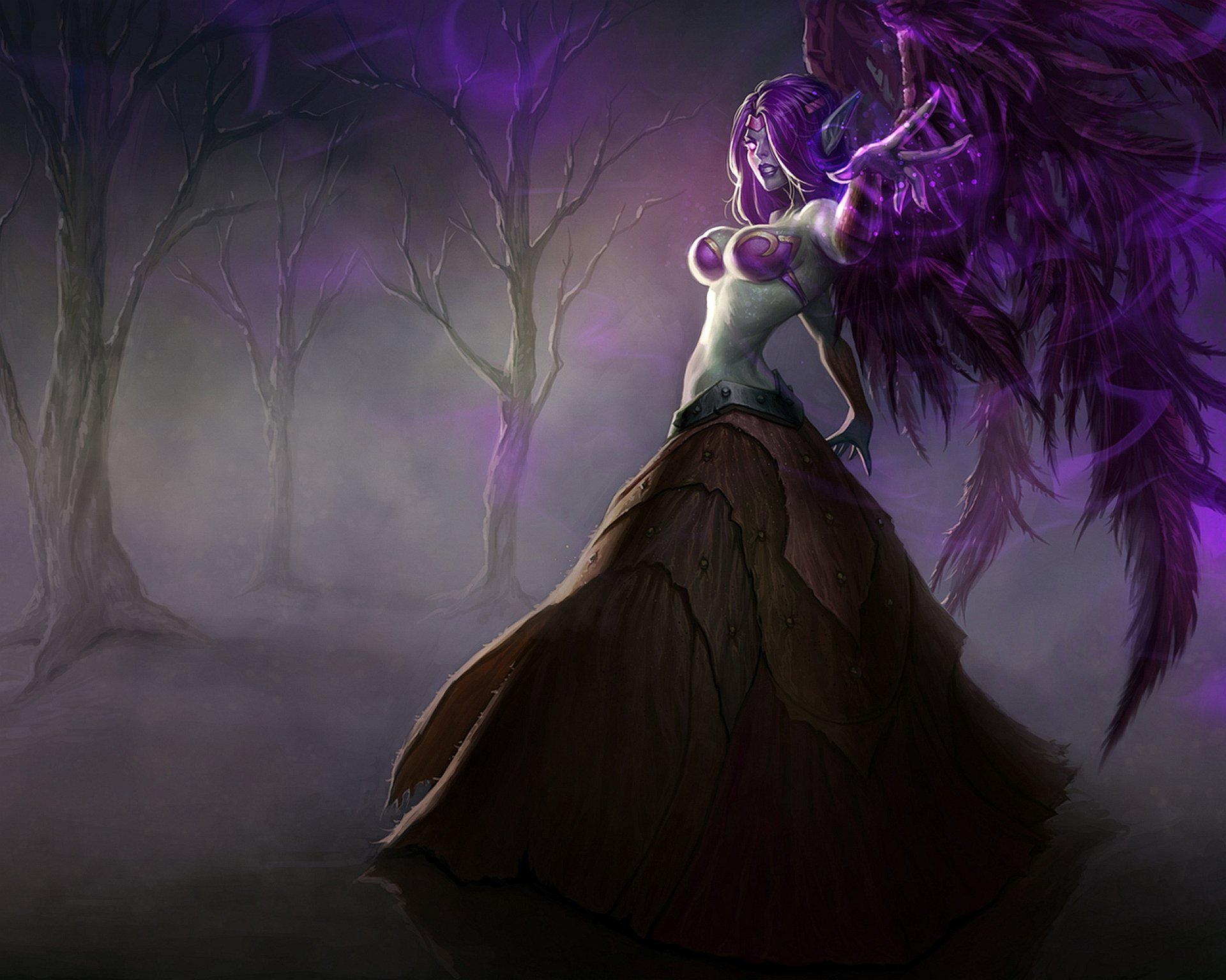 HD PC desktop wallpaper featuring Morgana from League of Legends, depicted with dark purple wings and a mysterious forest background.