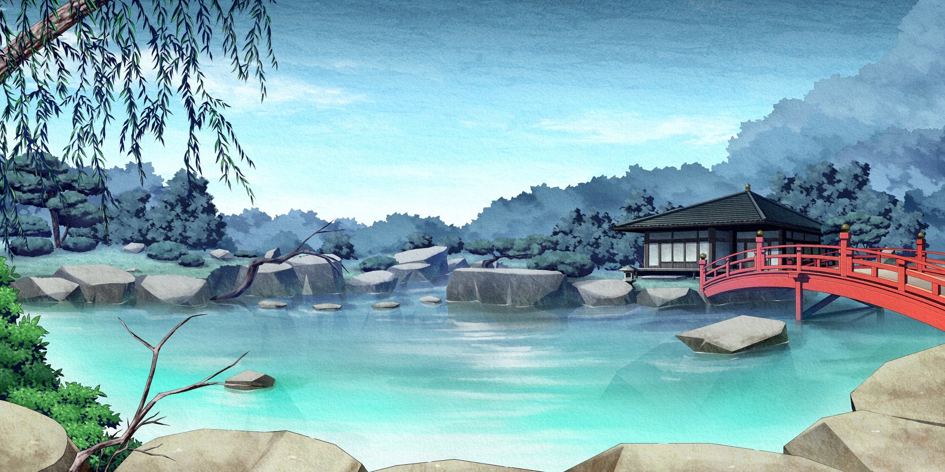 Artistic landscape depicting a serene pond with rocks, a traditional pavilion, and a red bridge under a blue sky, designed as an HD PC desktop wallpaper and background.