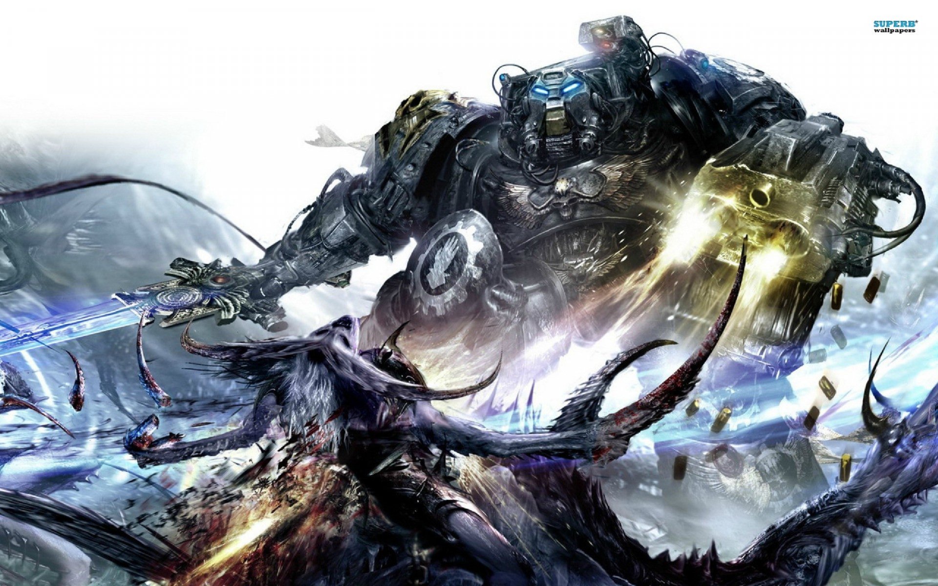 HD PC desktop wallpaper showcasing a dynamic Warhammer battle scene from the video game, featuring armored warriors and intense combat in a dark, futuristic setting.