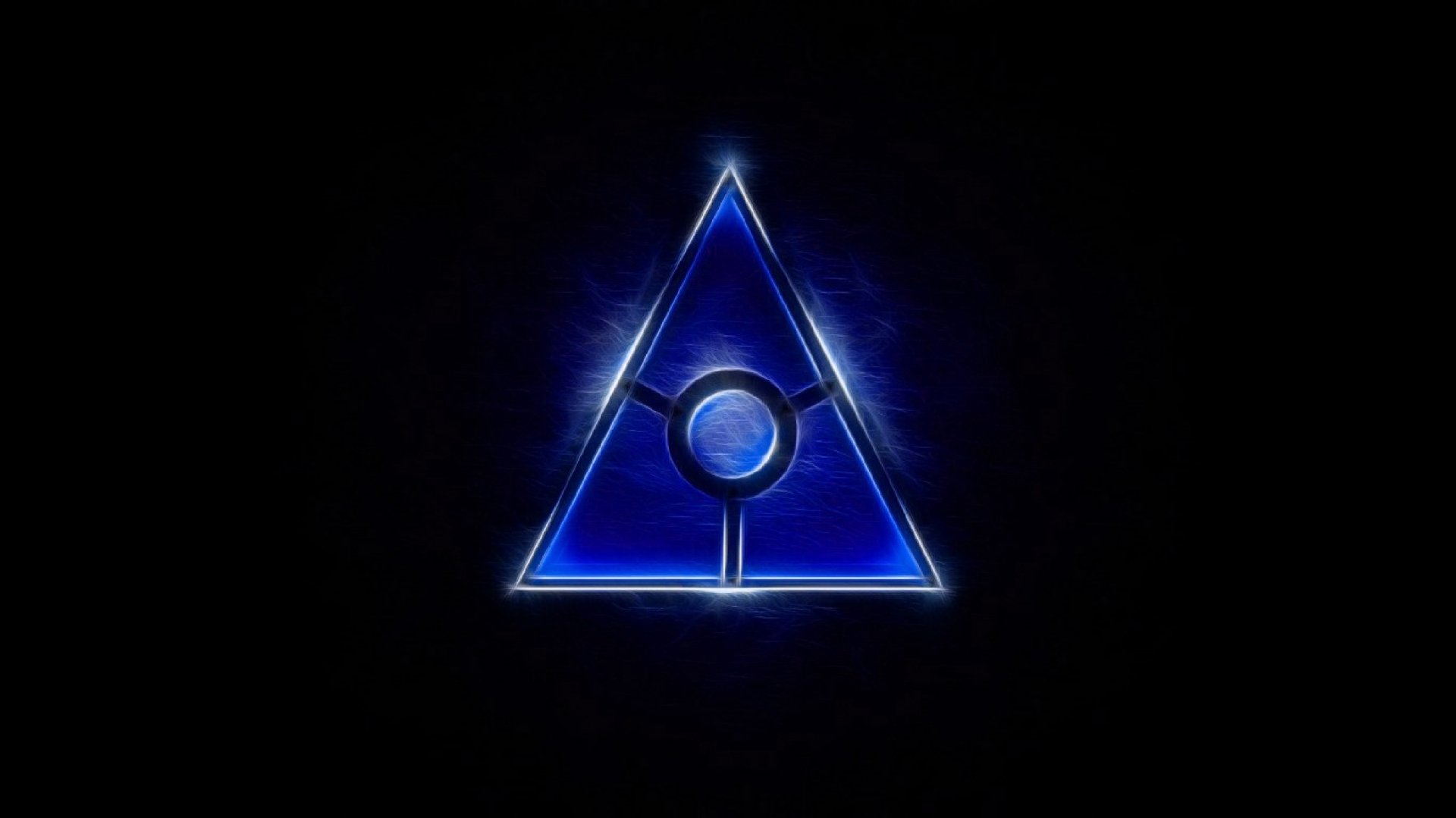A striking HD desktop wallpaper featuring a glowing blue triangle with a central circle, set against a black background. The design conveys a sense of mystery and symbolism.