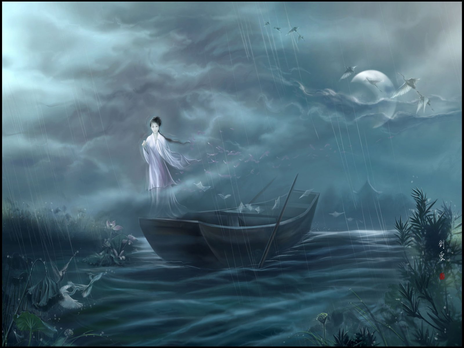 Artistic oriental HD desktop wallpaper depicting a serene scene with a woman standing on a boat, surrounded by water and birds under a moody sky.