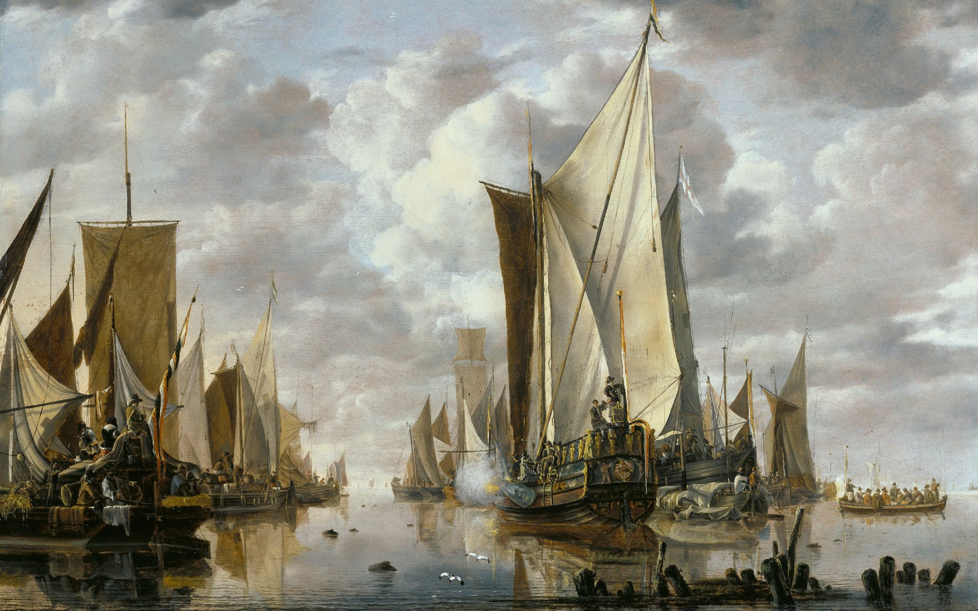 5K Ultra HD PC desktop wallpaper: a fantasy fleet of majestic sailing ships on glassy waters beneath dramatic, cloud-filled skies.