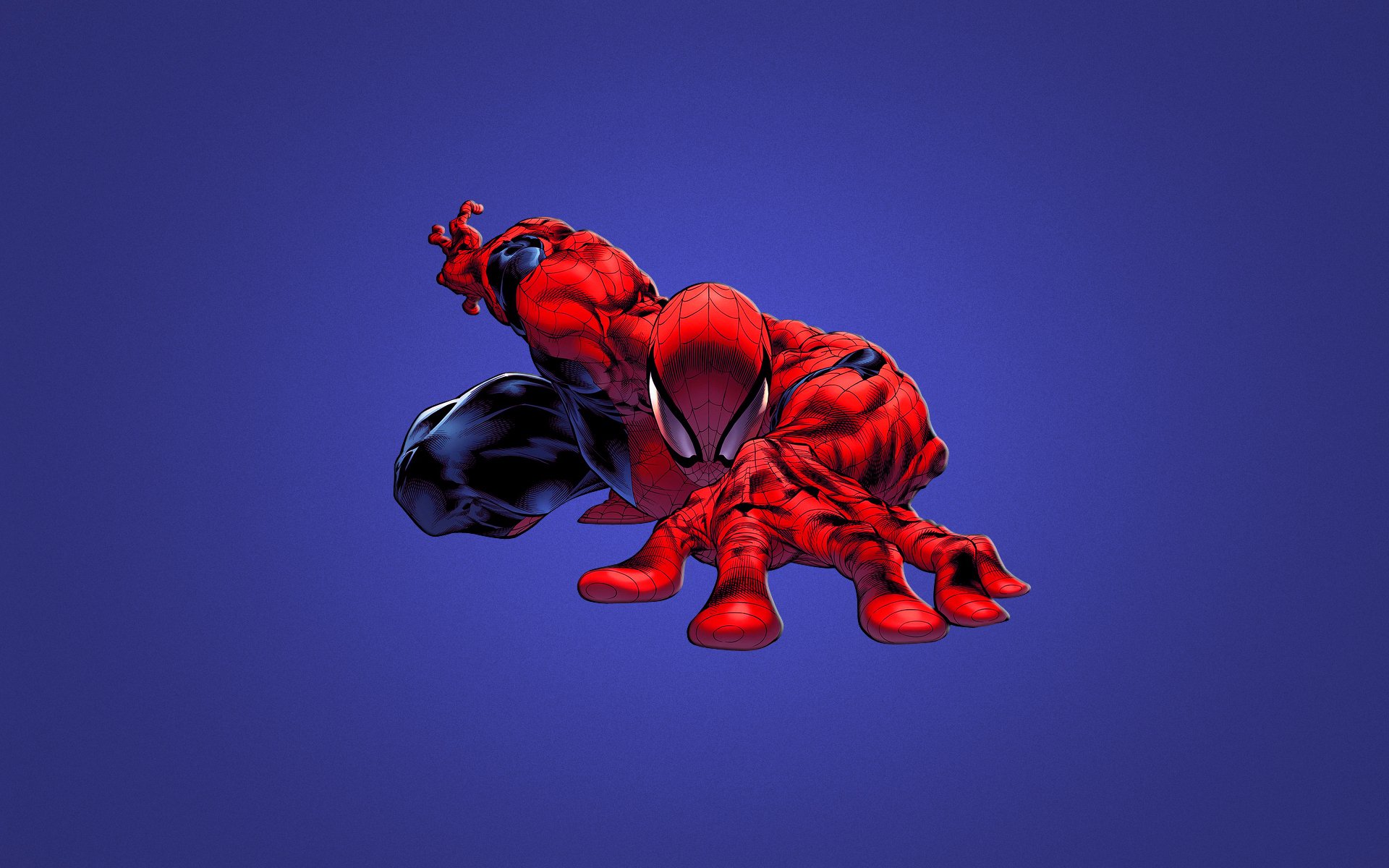 HD PC desktop wallpaper featuring a dynamic comic-style Spider-Man crouching against a blue background.