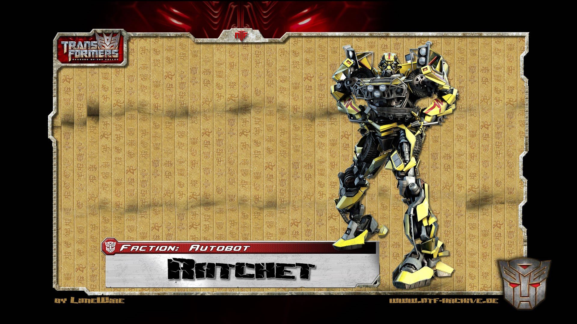 HD PC desktop wallpaper featuring Ratchet, the Autobot from the Transformers movie, set against a textured background with the Transformers logo.