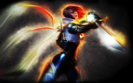 HD PC desktop wallpaper featuring Fiora from League of Legends, showcasing dynamic lighting and action in this video game-inspired artwork.