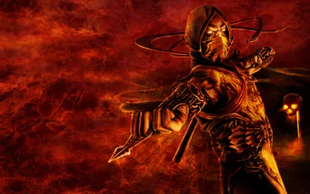 HD wallpaper featuring Scorpion from Mortal Kombat, showcasing his fierce stance against a fiery red backdrop, embodying the intensity of the iconic video game series.