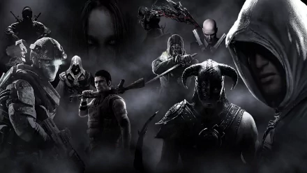 HD desktop wallpaper featuring a collage of characters from Assassin's Creed, Far Cry, and The Elder Scrolls V: Skyrim in a dark, misty background, including Ezio and Altair from Assassin's Creed.