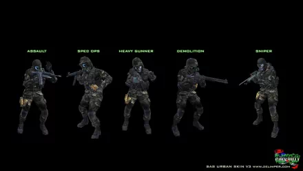 HD PC desktop wallpaper from the video game Call of Duty 4 showing five labeled soldier classes: Assault, Spec Ops, Heavy Gunner, Demolition, Sniper on a black background.