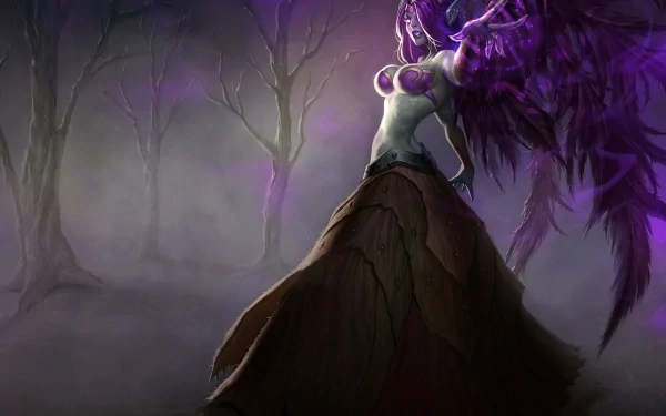 HD PC desktop wallpaper featuring Morgana from League of Legends, depicted with dark purple wings and a mysterious forest background.