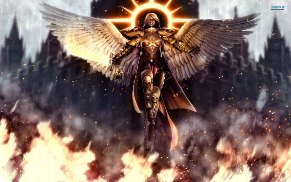 A striking HD wallpaper featuring an Adepta Sororitas warrior from Warhammer, adorned in intricate armor, with majestic wings, set against a fiery battlefield backdrop.