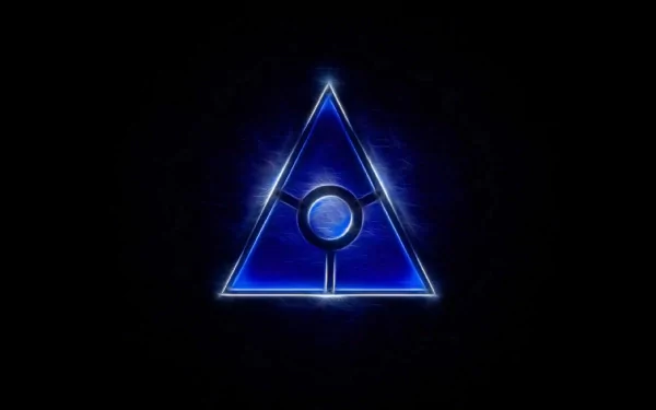 A striking HD desktop wallpaper featuring a glowing blue triangle with a central circle, set against a black background. The design conveys a sense of mystery and symbolism.