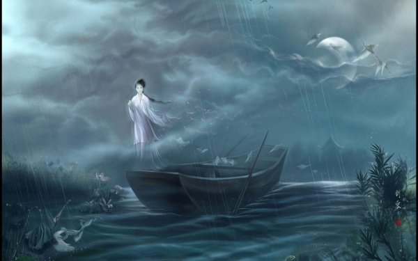 Artistic Oriental Boat Water Bird HD Wallpaper | Background Image