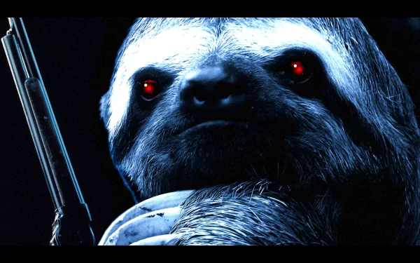 A humorous HD PC desktop wallpaper featuring a close-up of a sloth with glowing red eyes holding a shotgun.