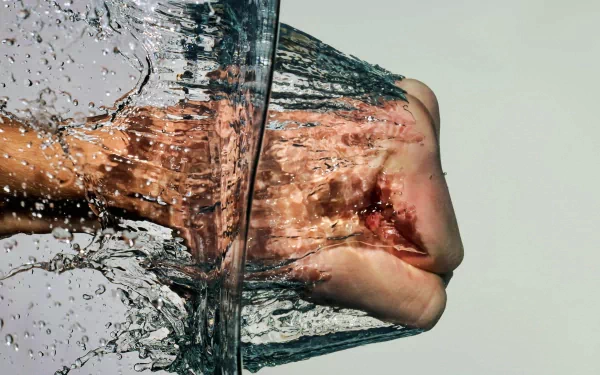 HD desktop wallpaper featuring a close-up photograph of a hand punching through water, capturing dynamic motion and fluid details.
