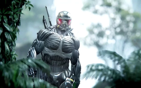 HD desktop wallpaper of Laurence 'Prophet' Barnes from the video game Crysis 3, showcasing a high-tech, armored character in a lush, green forest setting.