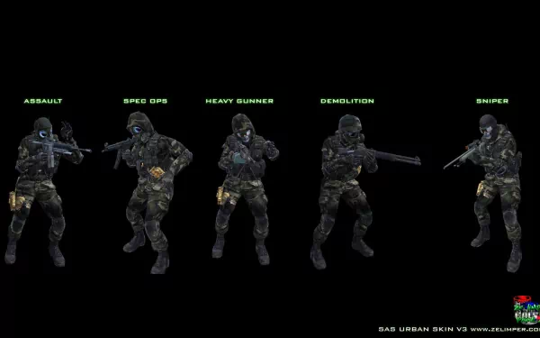 HD PC desktop wallpaper from the video game Call of Duty 4 showing five labeled soldier classes: Assault, Spec Ops, Heavy Gunner, Demolition, Sniper on a black background.