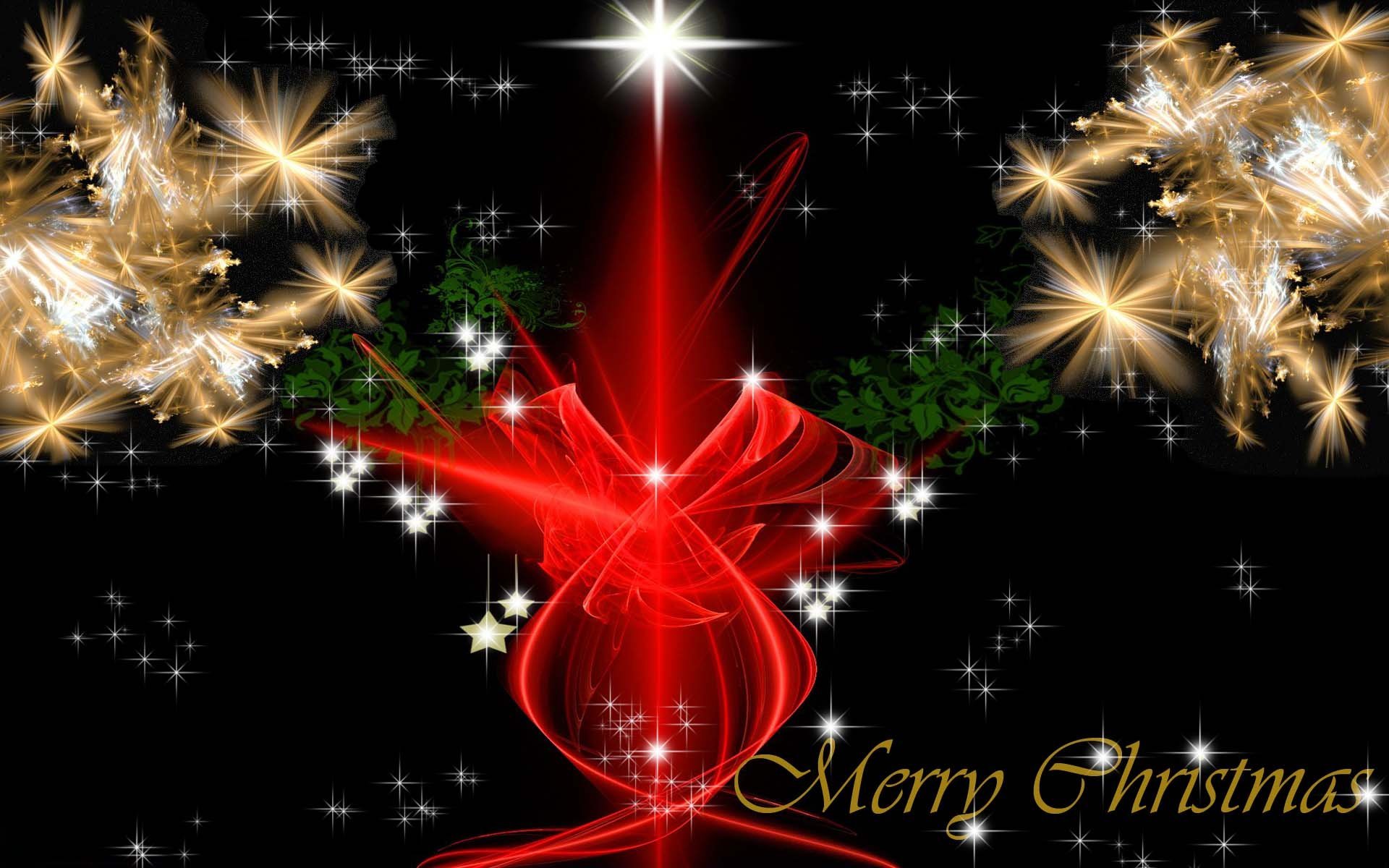 A vibrant HD Christmas wallpaper featuring a glowing red ribbon, sparkling lights, and festive decorations, accompanied by the message Merry Christmas against a dark background.
