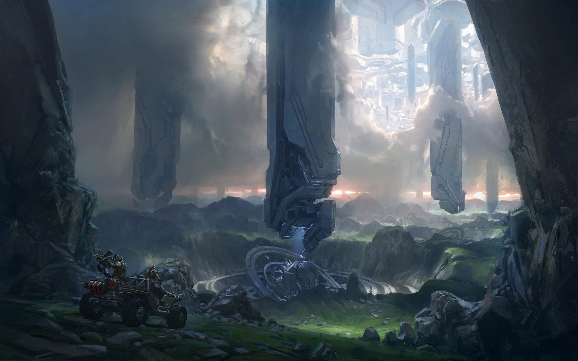 A stunning HD PC desktop wallpaper set in the Halo 4 universe, featuring towering pillars and a dramatic landscape that captures the essence of the game's otherworldly environments.