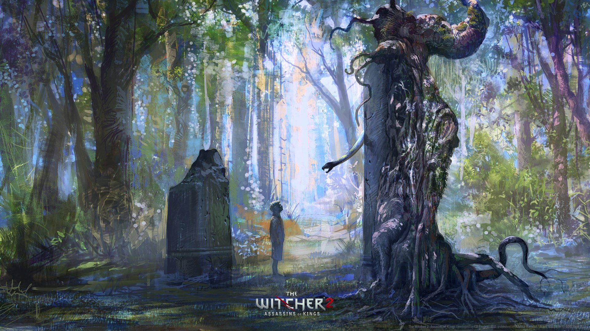 HD PC desktop wallpaper from the video game The Witcher 2: Assassins of Kings, depicting a mysterious forest scene with a large twisted tree and a lone figure near a stone monument.