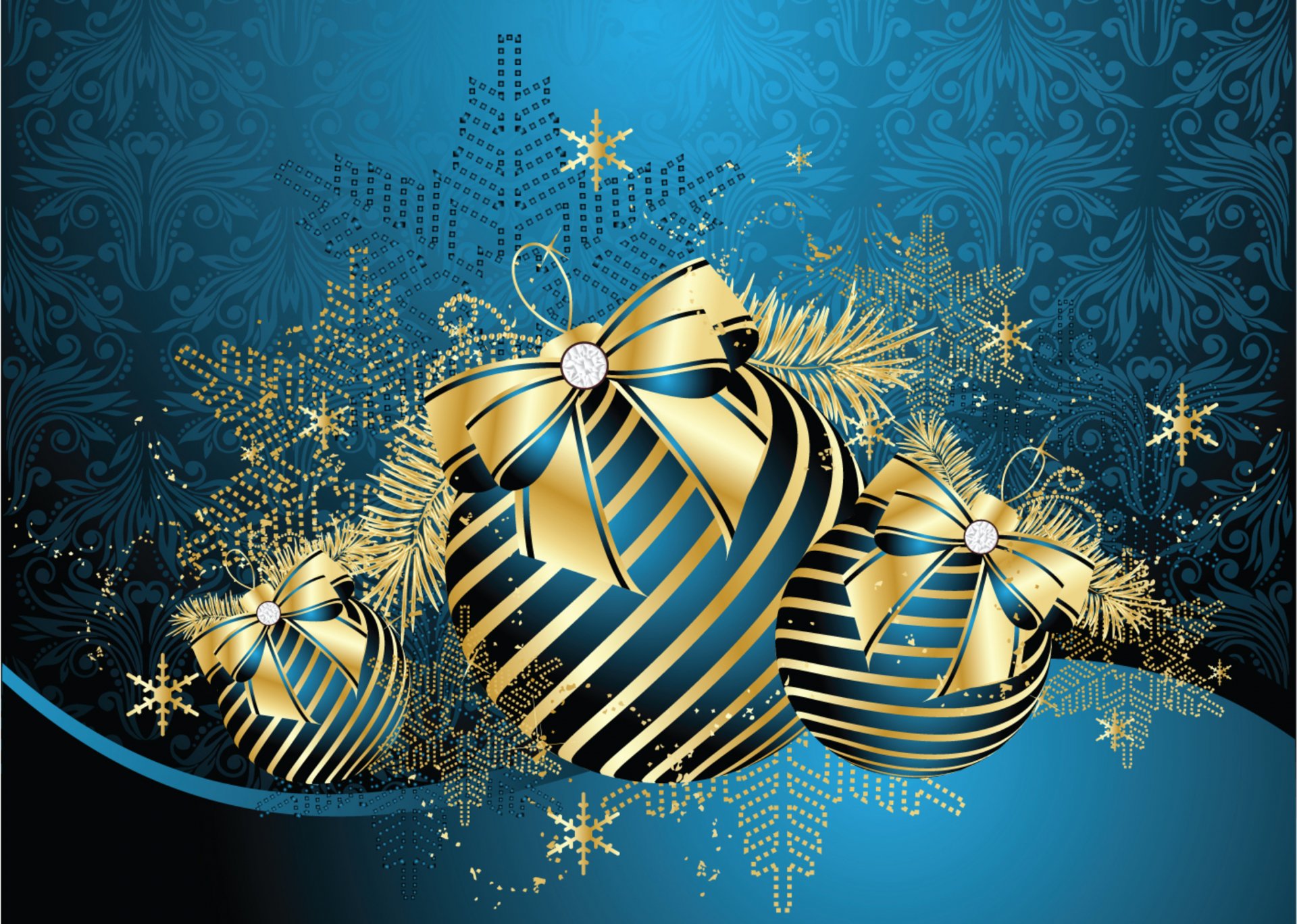 HD PC desktop wallpaper featuring elegant Christmas ornaments in blue and gold, set against a festive holiday background with snowflakes and decorative patterns.