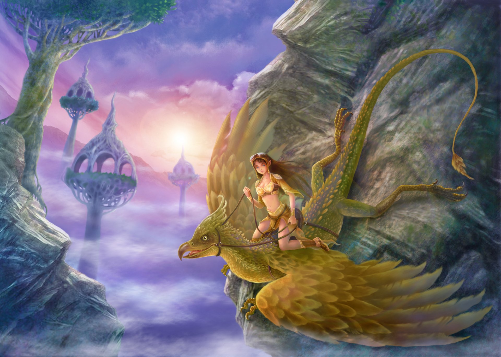 HD fantasy PC wallpaper featuring an elf riding a golden griffin above mystical floating towers amid a vibrant, colorful sky.