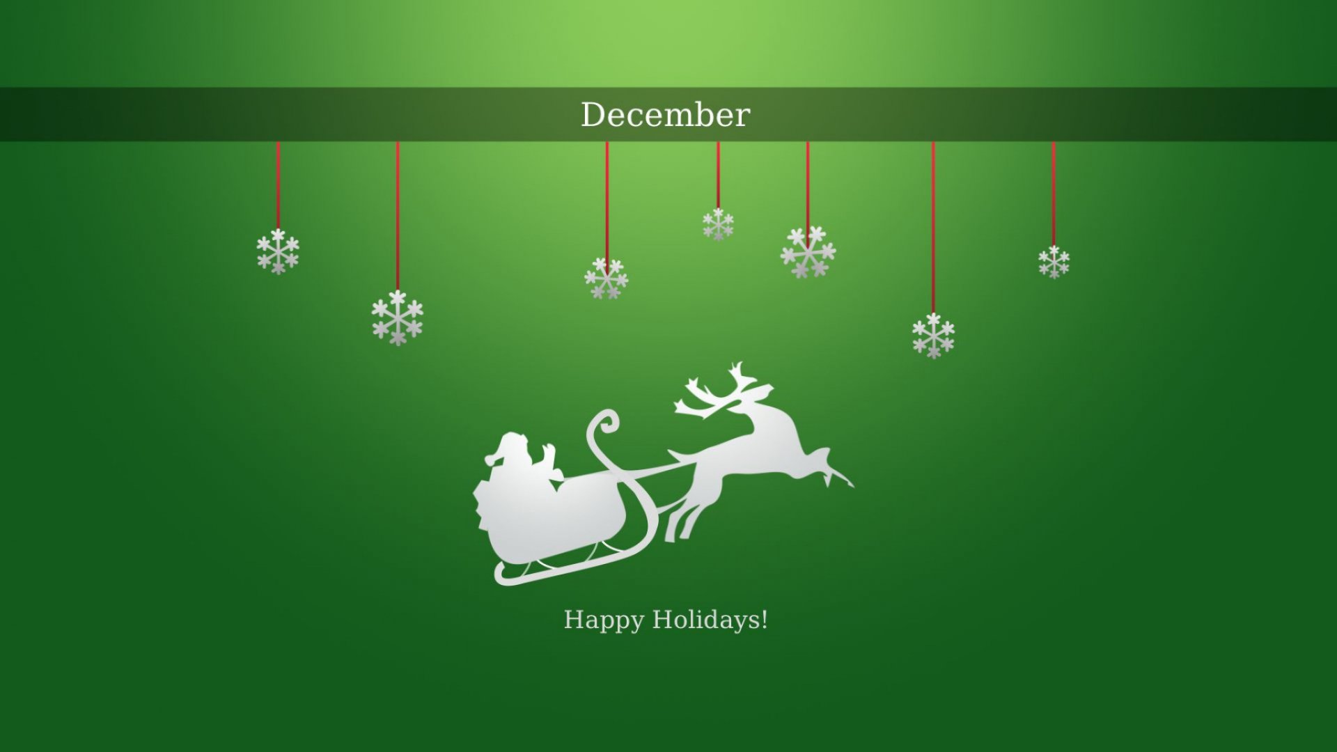 December-themed HD desktop wallpaper with white silhouette of a sleigh and reindeer, hanging snowflakes, and festive holiday and Christmas elements on a green background.