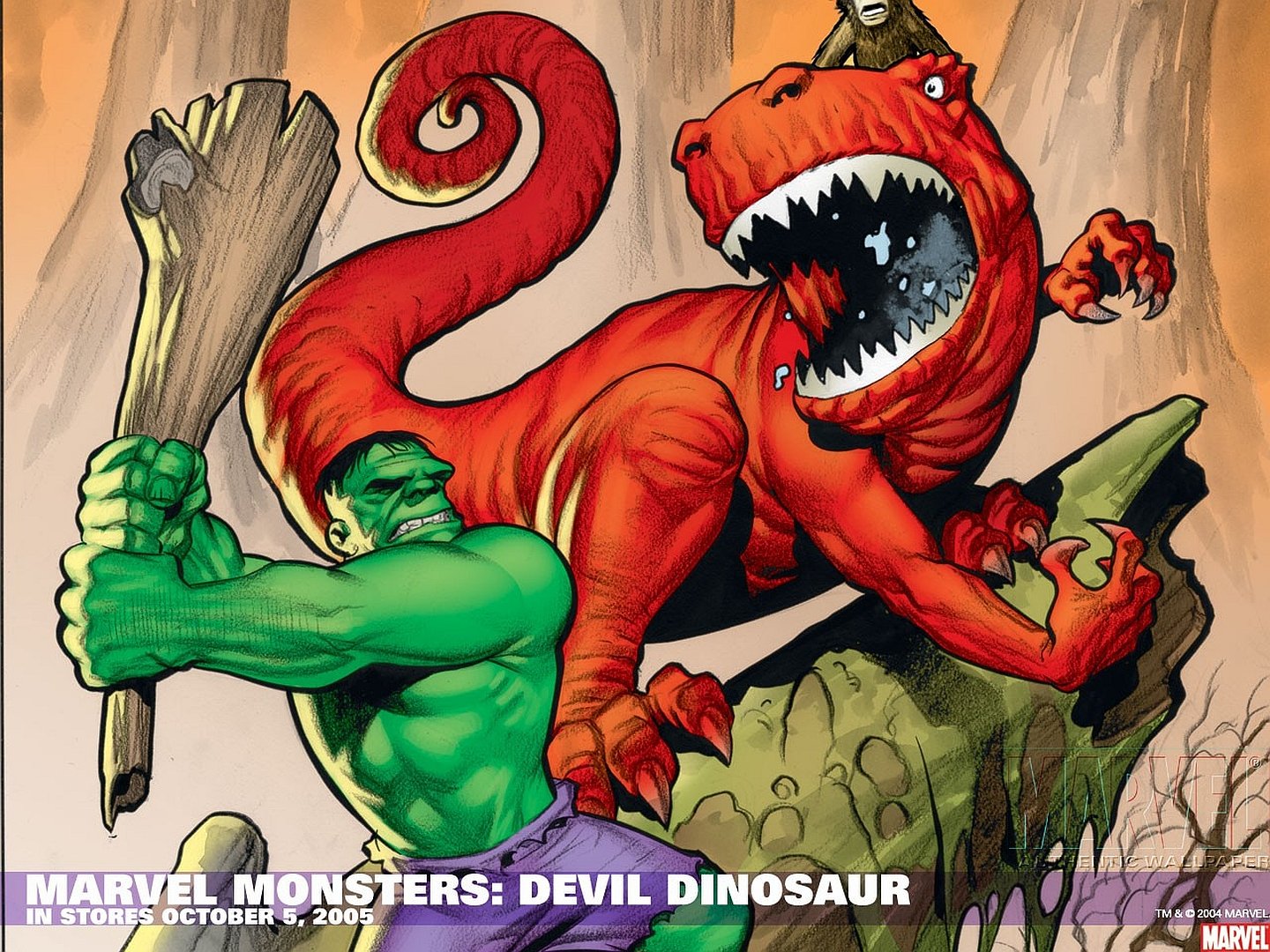HD comic-style desktop wallpaper depicting the Hulk wielding a large wooden club, facing off against a fierce red dinosaur amidst rocky terrain.