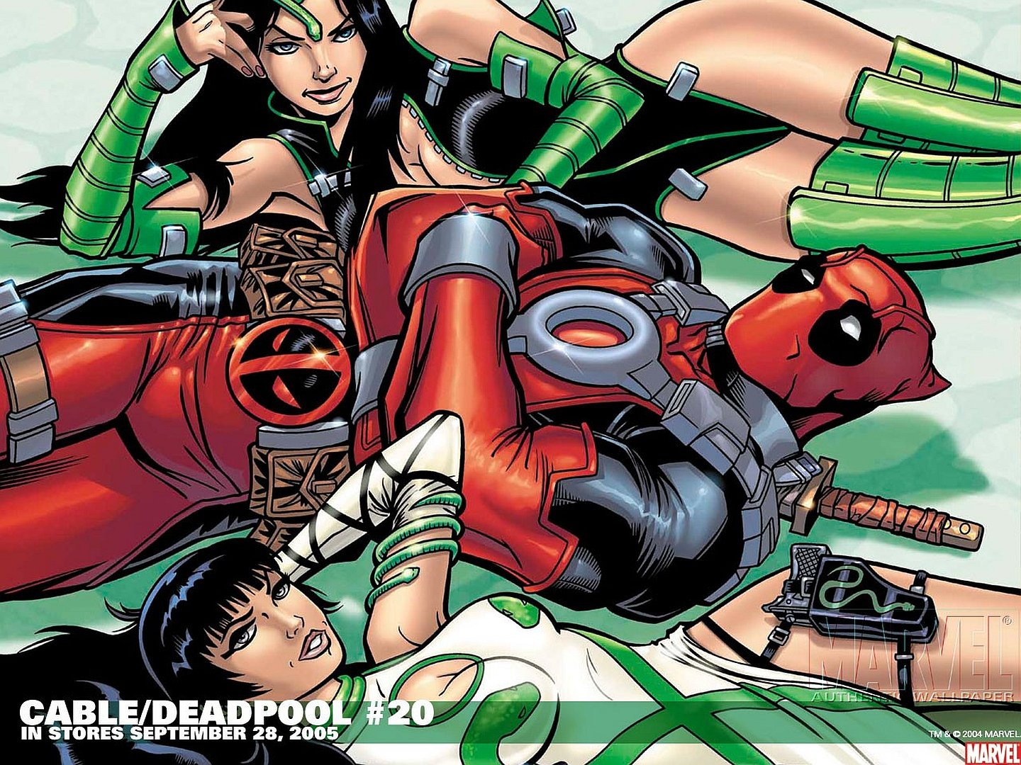 HD PC desktop wallpaper featuring Deadpool, Cable, and a female character from the comic series Cable & Deadpool in vibrant, detailed comic art style.