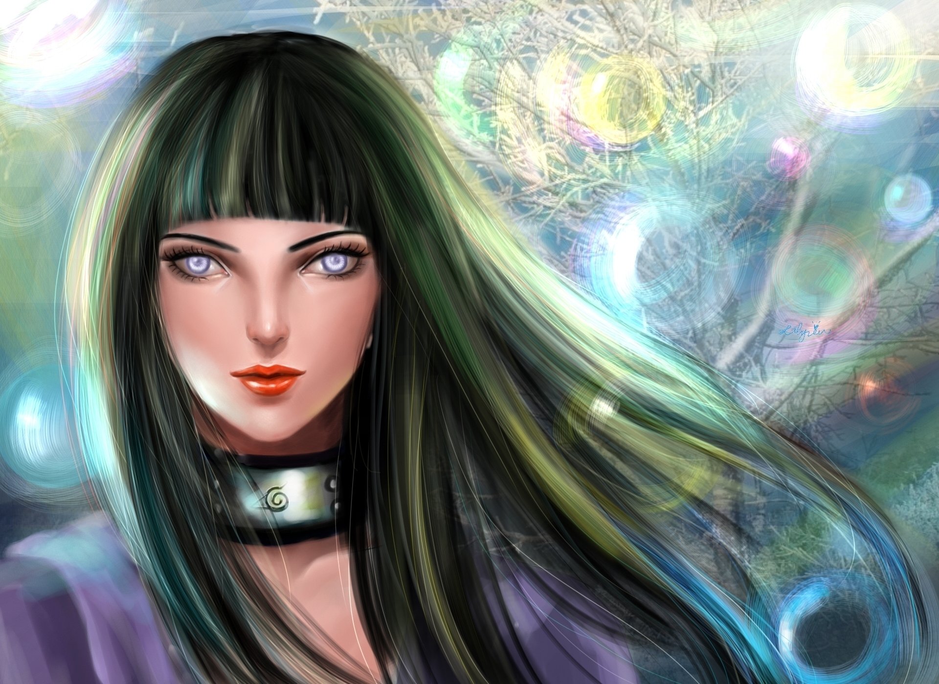 HD desktop wallpaper featuring Hinata Hyuga from the anime Naruto, showcasing her striking features and flowing hair against a vibrant, ethereal background.