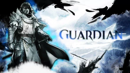 HD PC desktop wallpaper featuring a Guardian character from the video game Guild Wars 2, set against a dramatic snowy and cloudy background with flying ravens.