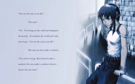 A striking HD desktop wallpaper featuring artwork from Serial Experiments Lain, showcasing a character in a contemplative pose, accompanied by poignant text reflecting on connection and hope.