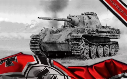 HD PC desktop wallpaper featuring a detailed World of Tanks video game scene with a Panther tank and a red flag adorned with a German iron cross.