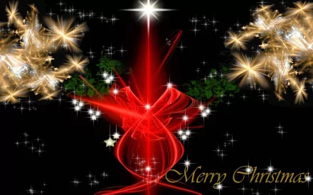 A vibrant HD Christmas wallpaper featuring a glowing red ribbon, sparkling lights, and festive decorations, accompanied by the message Merry Christmas against a dark background.