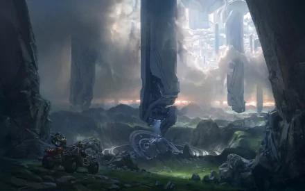 A stunning HD PC desktop wallpaper set in the Halo 4 universe, featuring towering pillars and a dramatic landscape that captures the essence of the game's otherworldly environments.