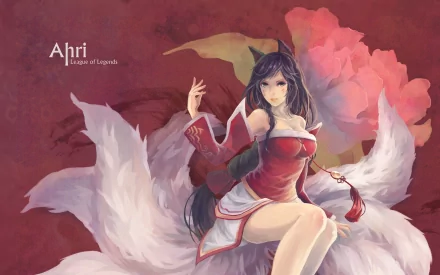 Ahri from League of Legends sits gracefully, surrounded by her ethereal nine tails, against a rich red backdrop, capturing the enchanting essence of this iconic video game character.