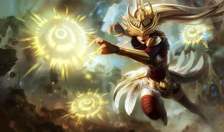 A dynamic HD wallpaper featuring Syndra from League of Legends, depicting her wielding powerful orbs against a mystical Ionia backdrop.