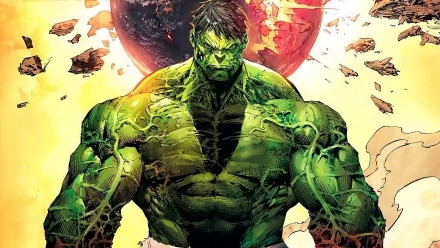HD desktop wallpaper featuring the Hulk in a dynamic comic-style portrayal with a fiery background and debris.