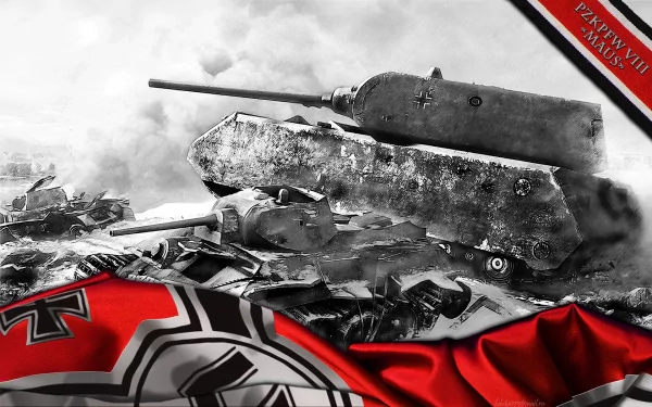 A striking HD wallpaper featuring tanks from the video game World of Tanks, with an imposing tank amidst a dramatic battlefield scene and a bold flag in the foreground.