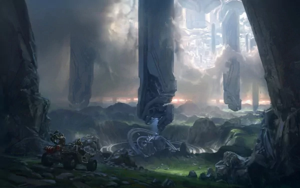 A stunning HD PC desktop wallpaper set in the Halo 4 universe, featuring towering pillars and a dramatic landscape that captures the essence of the game's otherworldly environments.