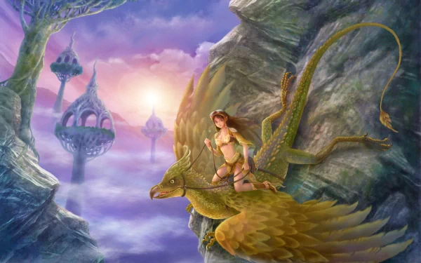 HD fantasy PC wallpaper featuring an elf riding a golden griffin above mystical floating towers amid a vibrant, colorful sky.