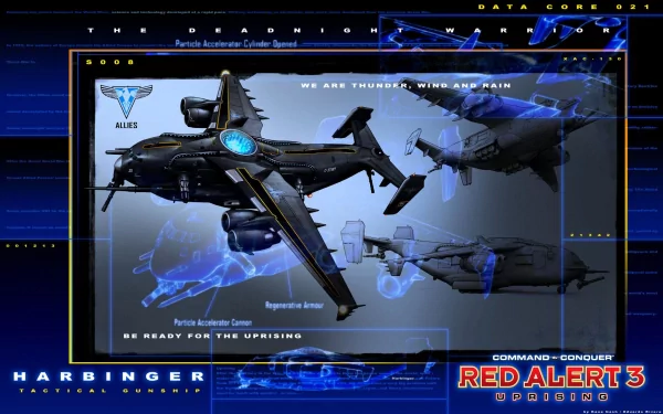 HD PC desktop wallpaper/background for the video game Command & Conquer: Red Alert 3, featuring blue-lit Harbinger attack aircraft, technical HUD overlays and the game's logo.