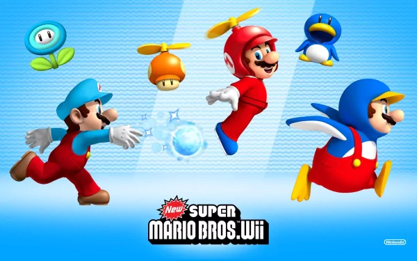 Colorful HD wallpaper featuring Mario and friends from New Super Mario Bros. Wii, showcasing dynamic action poses alongside iconic power-ups.