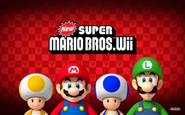 A vibrant HD wallpaper featuring characters from New Super Mario Bros. Wii, showcasing Mario, Luigi, and Toad against a playful red checkered background.