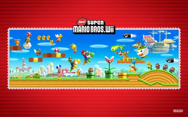 Colorful HD wallpaper featuring characters and elements from New Super Mario Bros. Wii, showcasing a whimsical landscape filled with power-ups, enemies, and classic game scenes.