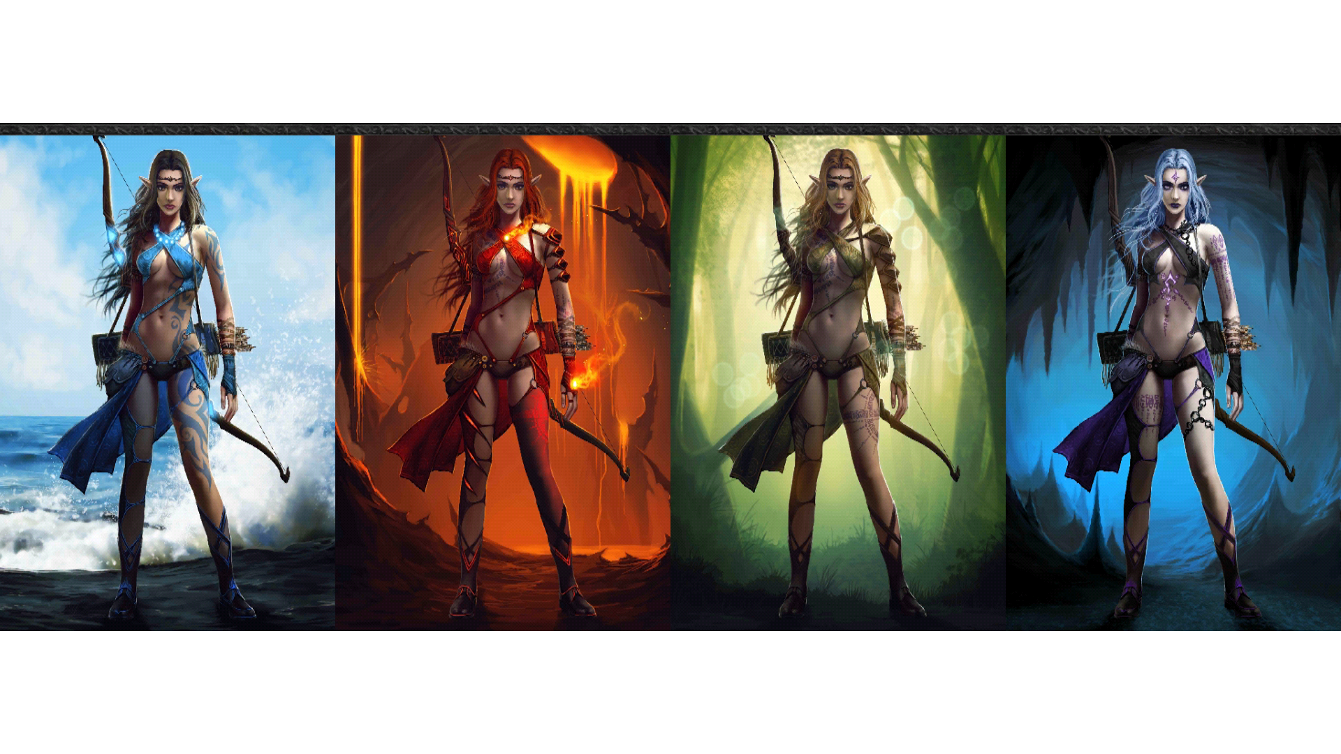 A striking HD desktop wallpaper featuring a character from a video game, showcasing four versions themed around hellfire, each with distinct elemental backgrounds and colors.